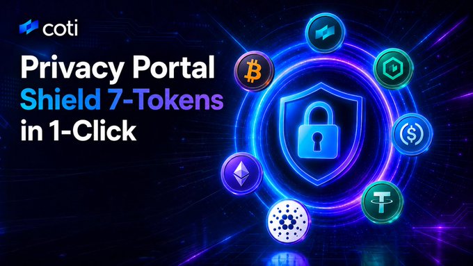 The image features a blue shield with six different colored circles, each containing a unique cryptocurrency symbol or logo. The shield is surrounded by a lock, which is also colored blue. Below the shield, there's text that reads "Privacy you control, on the assets you already hold With the $COTI Privacy Portal: Shield tokens in one-click Balances and transfers stay encrypted Hold and send them privately Reveal only when you choose The fastest & easiest private token ecosystem." This image is related to a post about privacy and cryptocurrency.
