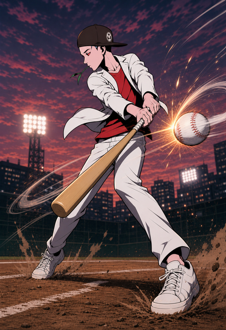 Anime-style illustration of a character in a white coat, red shirt, and cap swinging a baseball bat at a ball with spark effects, set on a baseball field at sunset with city lights in the background.
