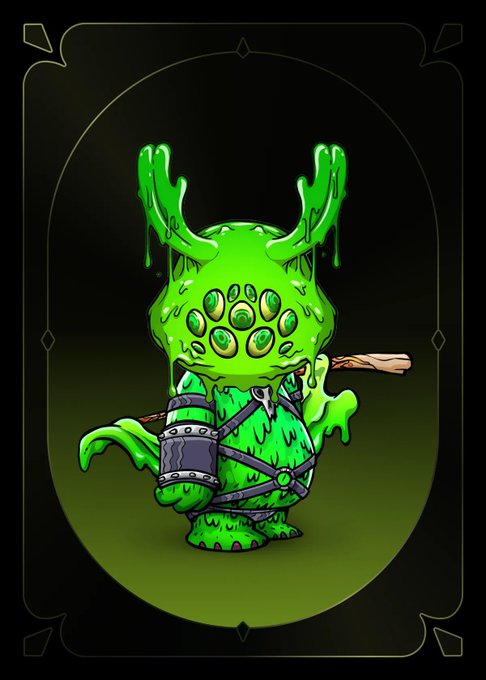 A stylized cartoon illustration of a green slime creature with antler-like protrusions and multiple eyes, holding a wooden club and wearing armor straps, displayed on a dark decorative card.