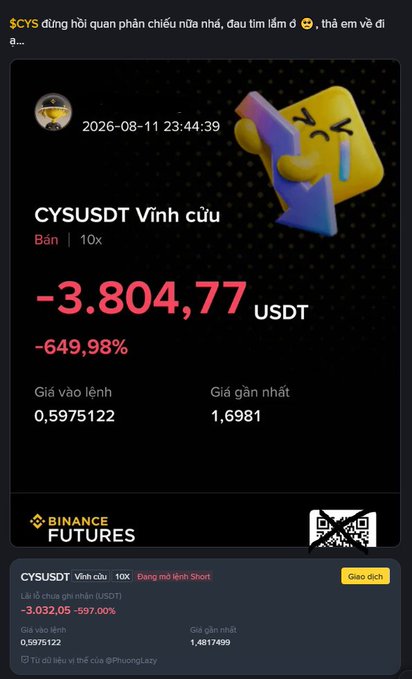 A Binance Futures trading screenshot showing a significant loss on $CYS (CYSUSDT Vĩnh cửu) perpetual short position, dated 2026-08-11, with a loss of -3,804.77 USDT (-649.98%).