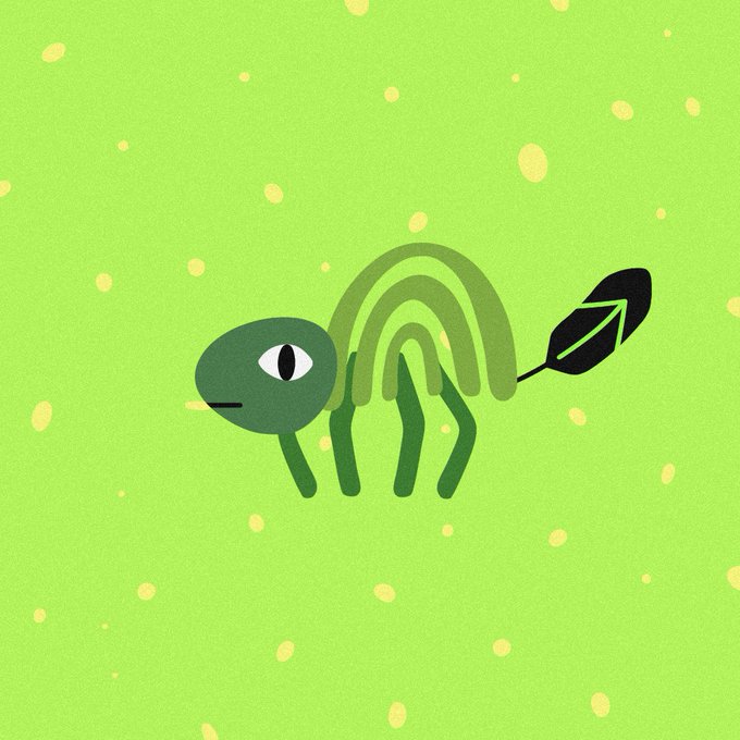 A minimalist illustration of a green four-legged creature with a single eye and a leaf-shaped tail on a light green background with yellow dots.
