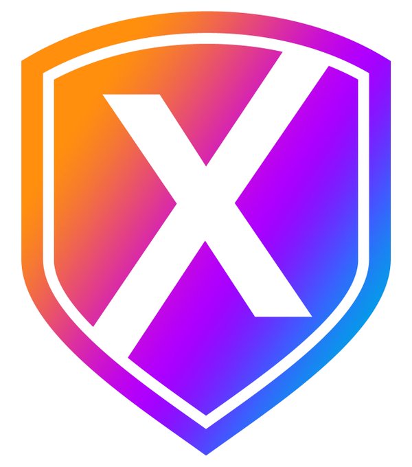 A shield-shaped logo featuring a bold white letter 'X' set against a vibrant gradient background transitioning from orange to pink to purple and blue.