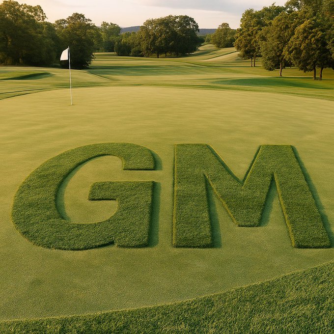 The image shows a golf course green with the letters "GM" mowed into the grass, likely representing the ticker symbol for General Motors. 

This likely relates to a Robinhood discussion where GM (General Motors) is trending as a popular stock pick on the platform, possibly tied to meme-stock activity or unusual trading volume.