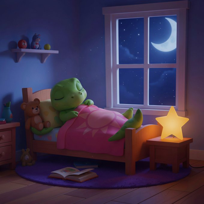 A 3D-rendered illustration shows a green dinosaur character sleeping in a wooden bed under a pink sun-patterned blanket, with a teddy bear, an open book, and a glowing star lamp in a cozy room at night under a crescent moon.