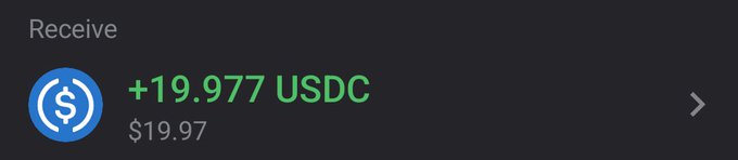 A digital interface displays a 'Receive' transaction for '+19.977 USDC' (USDC) valued at '$19.97' with a blue USDC coin icon.