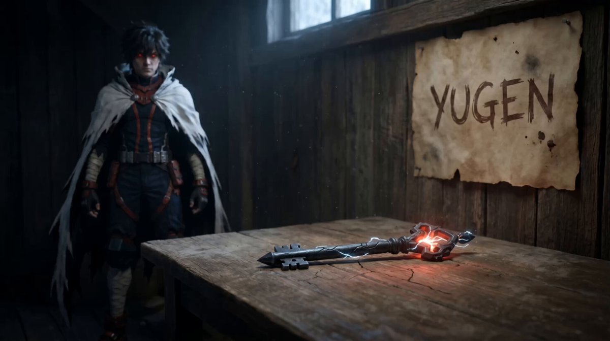 The image features a person dressed as Yugen, standing next to a wooden table with an object resembling a sword or key on top of it. The background includes a sign that reads "Yugen" along with some text. The focus of the image is on the person and their costume, while the surrounding elements provide context about the post's content.