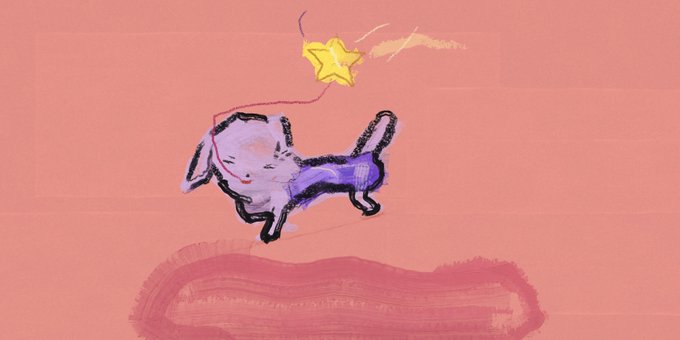 A child's drawing in crayon on a pink surface shows a purple animal holding a string attached to a yellow star, with a red patch below.