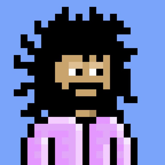 Pixel art portrait of a character with wild black hair, a beard, and a pink robe against a blue background.
