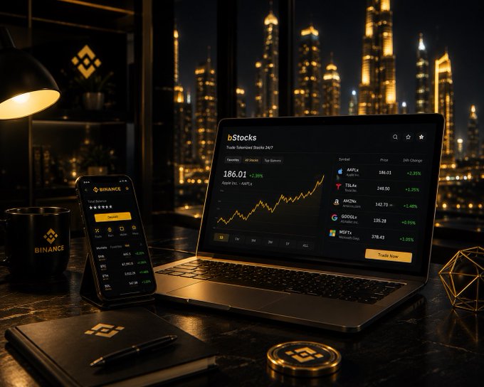 A dark, moody setup featuring a laptop and smartphone displaying Binance/bStocks trading apps with a stock chart, set against a city skyline at night.