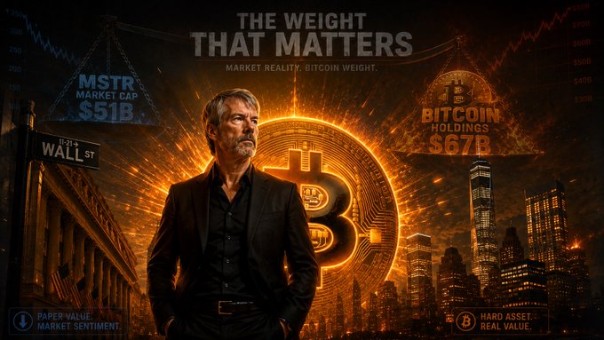 A crypto-themed graphic titled 'THE WEIGHT THAT MATTERS - MARKET REALITY: BITCOIN WEIGHT' showing a man in front of a glowing Bitcoin logo, comparing MSTR Market Cap $51B to Bitcoin Holdings $67B, with 'PAPER VALUE / MARKET SENTIMENT' vs 'HARD ASSET / REAL VALUE'.