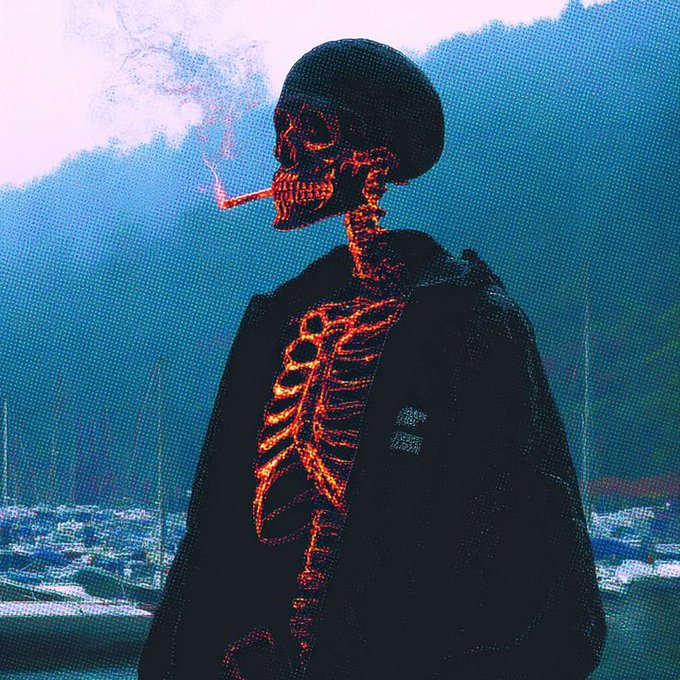 A dark, stylized digital artwork depicting a skeletal figure wearing a beret and coat, smoking a cigarette with glowing orange bones against a textured blue background.