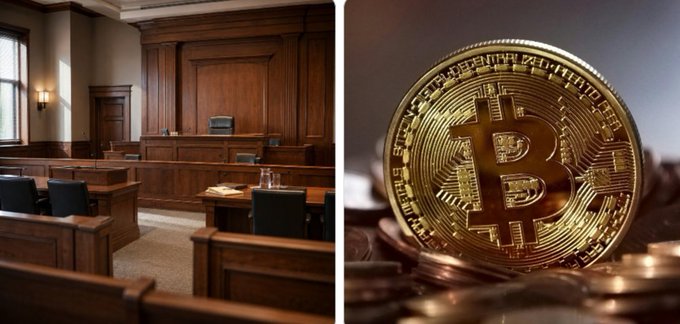 A split image showing a courtroom with wooden furnishings on the left and a stack of gold Bitcoin coins on the right.