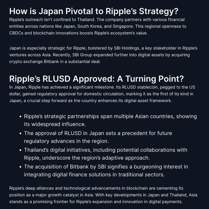 The image is a text-based article discussing Ripple's strategic partnerships in Asia, particularly highlighting Japan's role and the recent approval of Ripple's RLUSD stablecoin for domestic circulation—a first in Japan. It emphasizes Ripple's alliances with entities like SBI Holdings and SBI's acquisition of crypto exchange Bitbank, positioning Asia as a key growth frontier for Ripple's blockchain and digital payment expansion.

Connection to the post: The image directly supports the post's claim about Ripple's deep alliance with Japan, providing specific evidence of the "strongest foundation" built "on the other side of the world" through the SBI partnership and the milestone RLUSD approval.