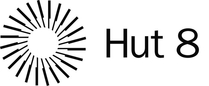The image shows the Hut 8 logo, featuring a circular sunburst-style emblem next to the "Hut 8" wordmark in bold black text. The post references Hut 8's new 15-year lease phase for its AI data center at Beacon Point in Texas, making this logo the brand associated with that announcement.