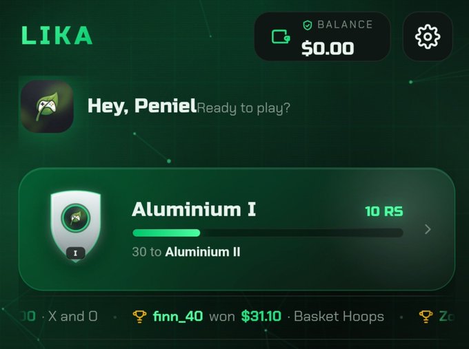A mobile app screen shows a 'LIKA' wallet with a $0.00 balance, greeting 'Hey, Peniel Ready to play?', and an 'Aluminium I' rank with '10 RS'.