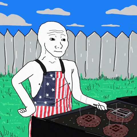 A bald Wojak character wearing American flag overalls grills burgers in a backyard with a wooden fence, accompanied by a post celebrating Wojak as BinanceUS' profile picture and promoting $WOJAK on ETH by @wojakcto.