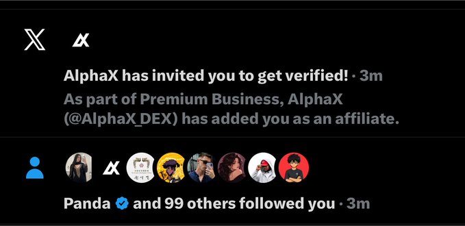 A dark-themed social media notification feed showing that 'AlphaX' has invited the user to get verified as part of Premium Business affiliate, and that 'Panda' along with 99 others followed them.