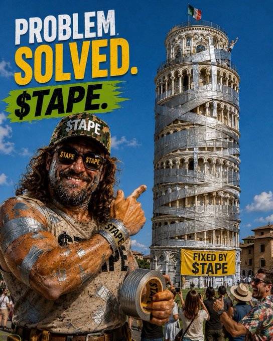A humorous advertisement showing a rugged man covered in duct tape labeled 'STAPE' pointing at the Leaning Tower of Pisa, which is wrapped in silver duct tape, with text reading 'PROBLEM. SOLVED. $TAPE.' and a banner 'FIXED BY STAPE'.
