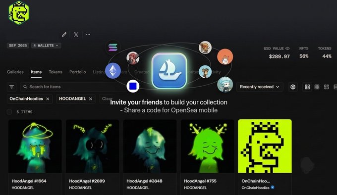 A user displays their OpenSea mobile app interface showing 5 NFT items from their "OnChainHoodies" collection with a total USD value of $289.97, including HoodAngel #1864, #2689, #3648, #755, and a pixelated hoodie design, along with a popup sharing an invite code for friends to build their collection. The image visually supports their post celebrating finally gaining access to the OpenSea app and offering invite codes to others via DM.