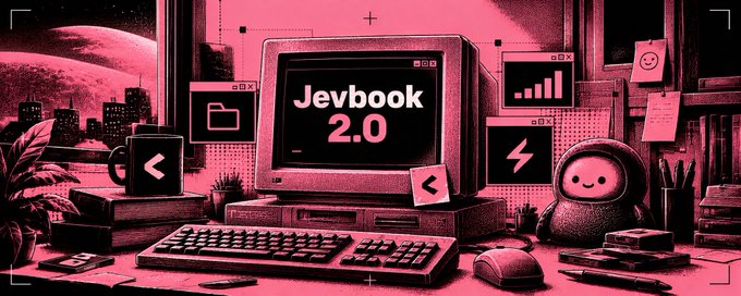A pink and black retro-futuristic illustration of a vintage computer displaying 'Jevbook 2.0' on its monitor, surrounded by a keyboard, mouse, and a smiling plush figure at a desk.