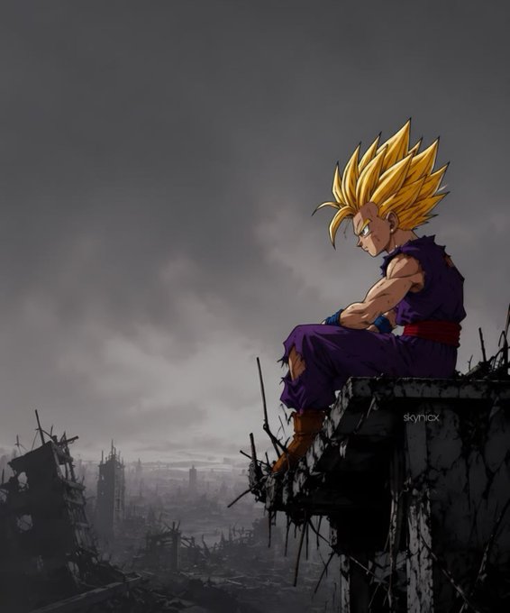 A Super Saiyan warrior sits in quiet reflection atop a crumbling pillar, surveying a devastated battlefield beneath a stormy sky. The image echoes the post's message on pausing to reflect after hardship, while the watermark "skynax" is visible on the concrete ledge.