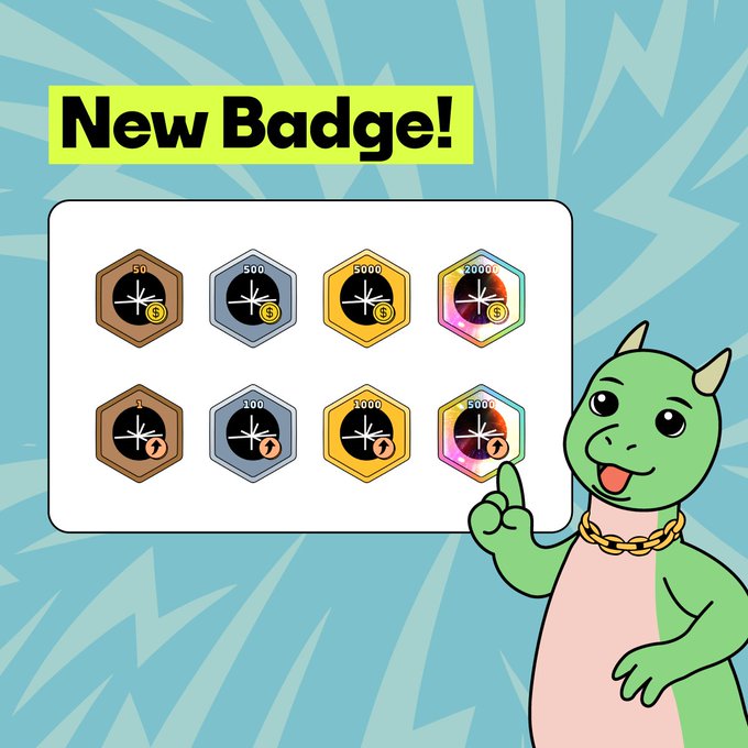 The image features a cartoon character, possibly a green dragon or lion, holding up two badges in front of an advertisement for new badges. The logos on the badges are black and yellow. One of the badges has the text "NEW BADGE!" written above it while the other badge is labeled "TREX @STOCK. XCHANGED" below another badge. In addition to these two badges, there is a list displayed in the image with various badge descriptions such as "BADGER", "BADGEST", "NEW BADGE!", and "BADGEST". The character seems happy or excited about the new badges being released.
