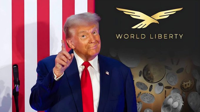 Donald Trump pointing upward, standing in front of a 'WORLD LIBERTY' golden eagle logo backdrop and digital graphics of various cryptocurrencies.