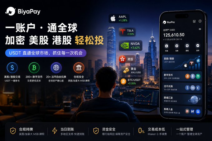 A man is shown from behind, gazing at a vibrant city skyline at night while holding a smartphone that displays the BiyaPay trading app, featuring USDT balance of 125,610.50 and tickers like AAPL (+1.28%), TSLA (+2.52%), NVDA (+3.62%), XAU/USD, and BTC/USDT (+2.35%). The promotional banner highlights BiyaPay's features—including US stock and Hong Kong stock trading, crypto exchange, and global money transfers—visually reinforcing the post's message about catching every market opportunity across both crypto and traditional finance.
