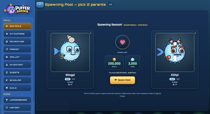 A screenshot from the game Puffers Arena showing a "Spawning Pool – pick 2 parents" interface featuring two pufferfish characters named Stingli and Chitpi, with a "Spawn Now!" button costing 200,000 shells and 2,000 pearls.