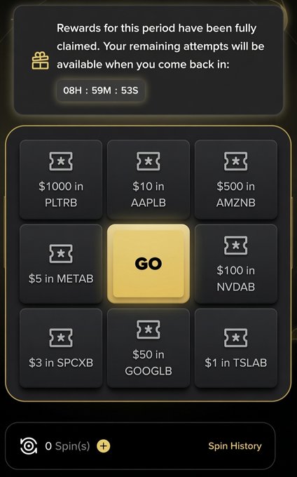A Binance spin-the-wheel rewards screen showing available prizes ($1000 in PLTRB, $10 in AAPLB, $500 in AMZNB, $5 in METAB, $100 in NVDAB, $3 in SPCXB, $50 in GOOGLB, $1 in TSLAB) with a "GO" button in the center, though the top message indicates current rewards have been fully claimed with 8 hours, 59 minutes, and 53 seconds remaining until more spins are available, matching the post's promotion of the Binance Trade & Stock Spin & Win campaign.