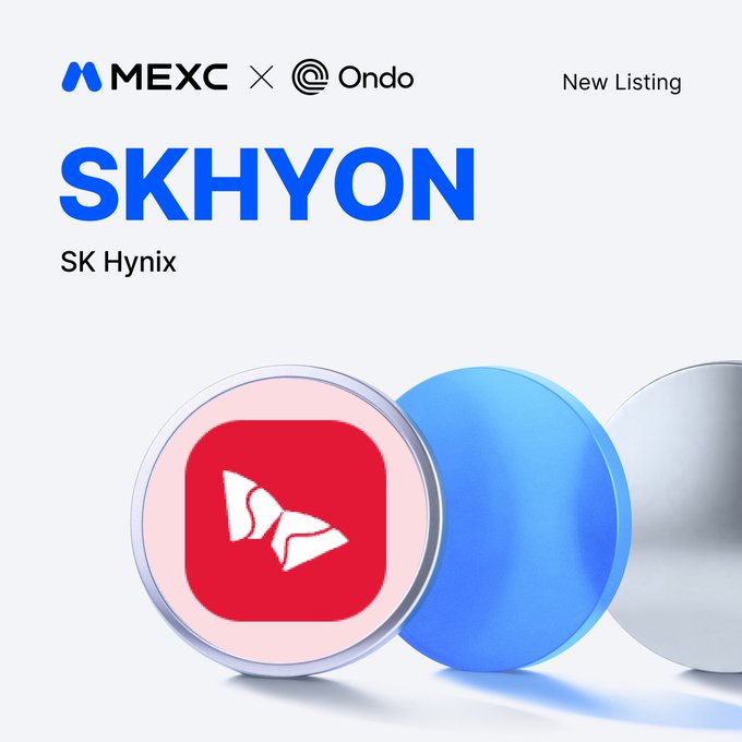 The image is a promotional graphic announcing the new listing of SK Hynix (SKHYON) on MEXC, featuring the MEXC and Ondo logos at the top alongside the ticker "SKHYON" and "SK Hynix" text, with three stylized circular tokens below—one displaying the SK Hynix logo—matching the post's announcement of the token's launch powered by Ondo Finance.