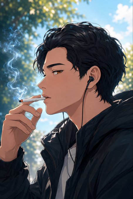 An anime-style illustration of a young man with dark wavy hair smoking a cigarette and wearing earphones, with smoke curling up against a blue sky.