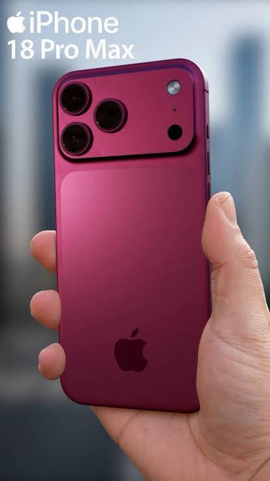 A hand displays a pink/magenta iPhone 18 Pro Max with the Apple logo and triple camera system visible on the back. The overlaid text "iPhone 18 Pro Max" promotes a giveaway requiring users to follow, like, retweet, and tag a friend within 24 hours.
