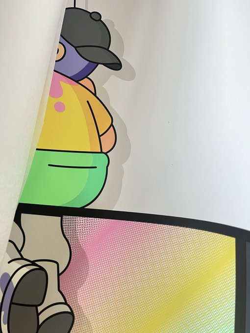 A colorful cartoon character with a purple face, yellow shirt, and green pants, partially visible next to a vibrant yellow, pink, and white geometric composition with a halftone dot pattern, showcasing one of the limited edition (#17) Doodles x Piet Mondrian holographic prints by Elmonx.