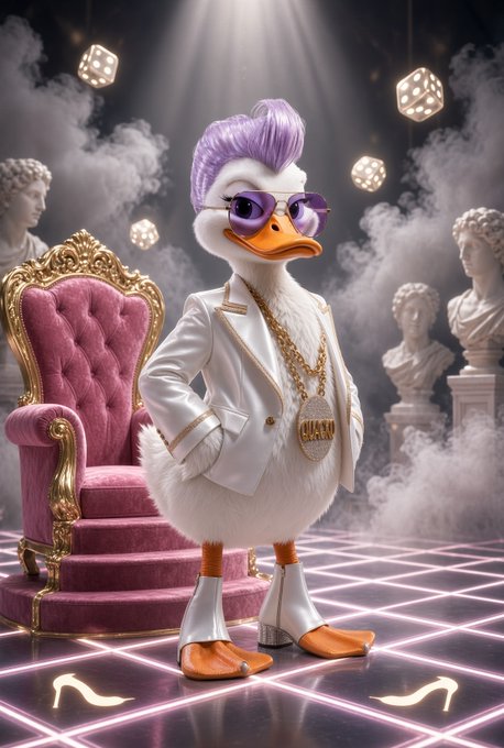 A stylized 3D digital illustration of a fashionable anthropomorphic duck with purple hair, sunglasses, white suit, gold chain, and platform heels, standing in a glamorous disco-style setting with a pink throne and classical busts.