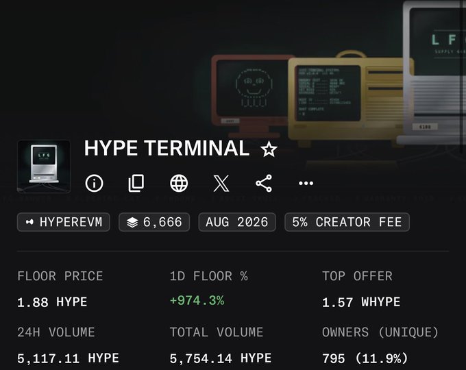 A trading interface for an NFT collection called 'HYPE TERMINAL' on HYPEREVM, showing a floor price of 1.88 HYPE and a launch date of AUG 2026.