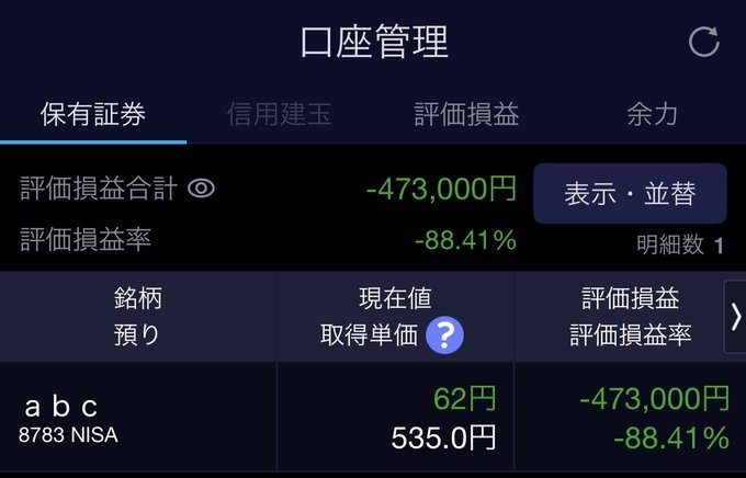 A Japanese stock portfolio app screenshot showing '口座管理' (Account Management) with a holding labeled '8783 NISA' displaying a current value of 62円 and an unrealized loss of -473,000円 (-88.41%).