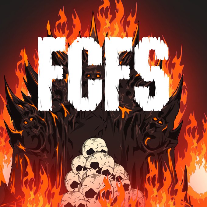 The image features the bold, fiery text "FCFS" surrounded by flames and ominous demonic skulls, evoking an intense, hellish aesthetic. The accompanying post references an OpenSea collection, suggesting this artwork serves as promotional imagery for the "FCFS" NFT collection, with the dramatic design likely intended to capture attention in the marketplace listing.