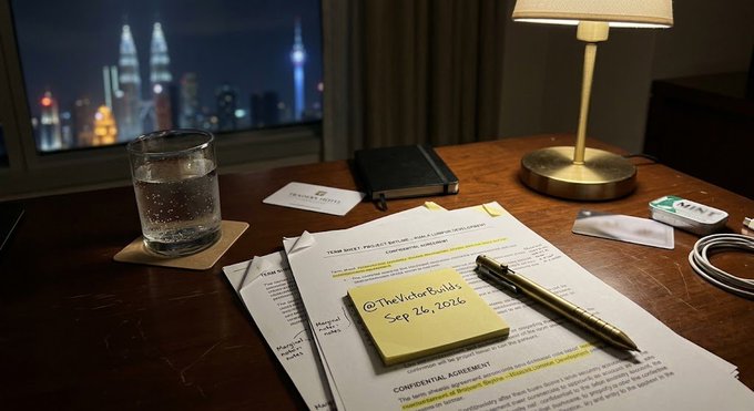 A nighttime hotel desk scene displays scattered documents, a yellow sticky note reading "@TheVictorBuilds Sep 26, 2026," a glass of water, and a city skyline through the window, suggesting late-night research or deal-making. The handwritten note parallels the post's theme of breaking news on Morpho surpassing $16 billion in deposits on Base, evoking a sense of insider analysis catching a major institutional shift in DeFi lending.