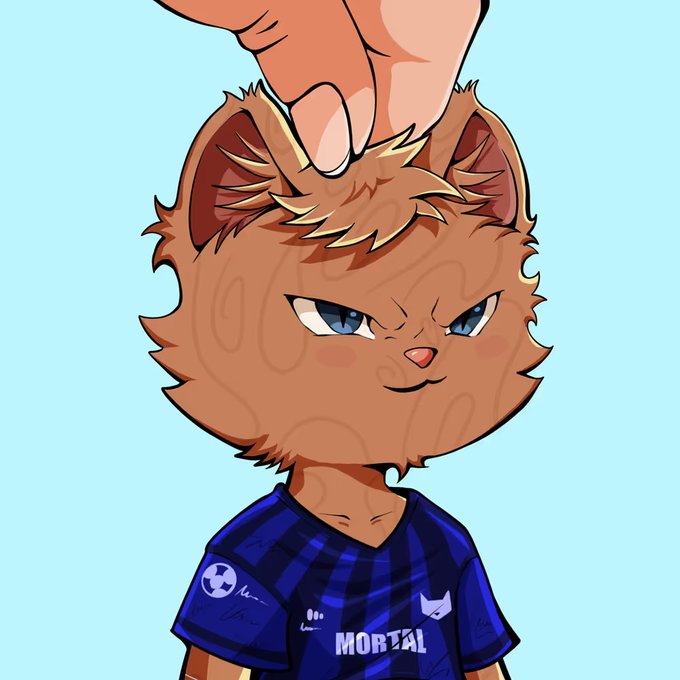 The image features an adorable cartoon cat wearing a blue shirt with white stripes, standing against a light blue background. The cat appears to be posing for a picture or participating in an online gaming event. A person's hand can be seen on the left side of the image, possibly interacting with the cat or taking a photo. The caption at the bottom of the image reads "Just won a @MortalCK NFT from the @Web3_bohemians AMA raffle Love what you guys are building", indicating that the cat has been awarded an NFT for its participation in an online gaming event, and it is now being sold to collectors.