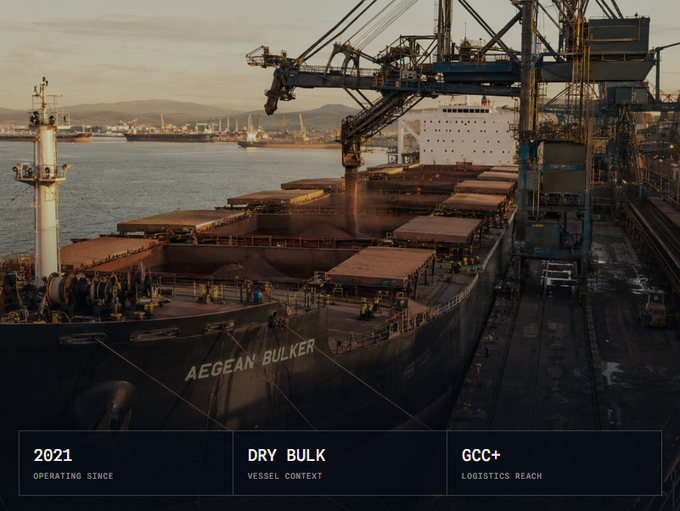 A photograph of a large cargo ship named 'AEGEAN BULKER' docked at a port, being loaded by massive cranes, with text overlays reading '2021 OPERATING SINCE', 'DRY BULK VESSEL CONTEXT', and 'GCC+ LOGISTICS REACH'.