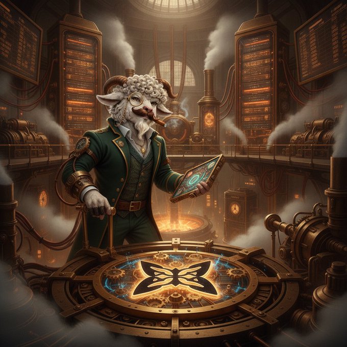 A steampunk-style illustration of a goat-headed figure in Victorian attire holding a glowing device, standing in an industrial facility with steam, gears, and data displays.
