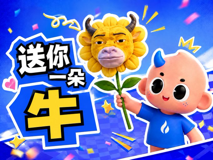 A colorful promotional graphic shows a cartoon baby with blue hair holding a sunflower whose face is humorously replaced with a lion, accompanied by the Chinese text '送你一朵牛' (Send you a bull flower).