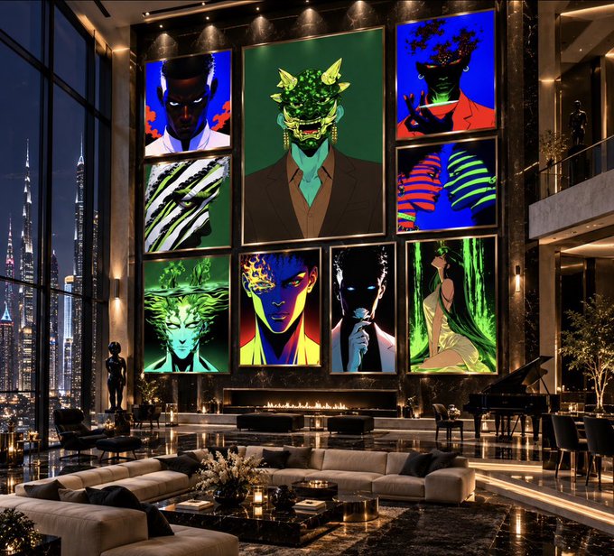 A luxurious modern interior with floor-to-ceiling windows showing a city skyline at night, featuring a grand piano and a wall displaying multiple vibrant, pop-art style portraits.