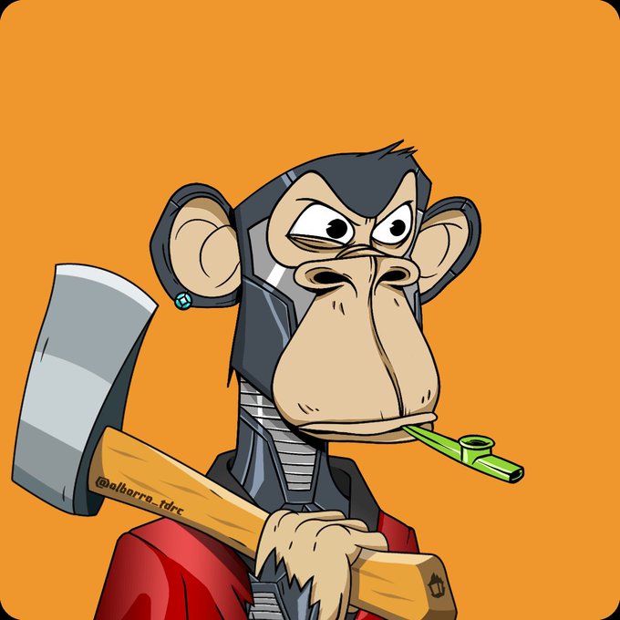 A digital illustration of a robotic/cyborg monkey wearing a helmet, smoking a green pipe, and holding a large axe over its shoulder against an orange background, credited to @albarra_tdre.
