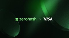 A promotional graphic featuring the text "zerohash × VISA" against a dark green background with lens flare effects, announcing a partnership between Zero Hash and Visa that integrates Visa Direct's global payment network—spanning 18 billion endpoints across 195 countries—with stablecoin distribution capabilities.