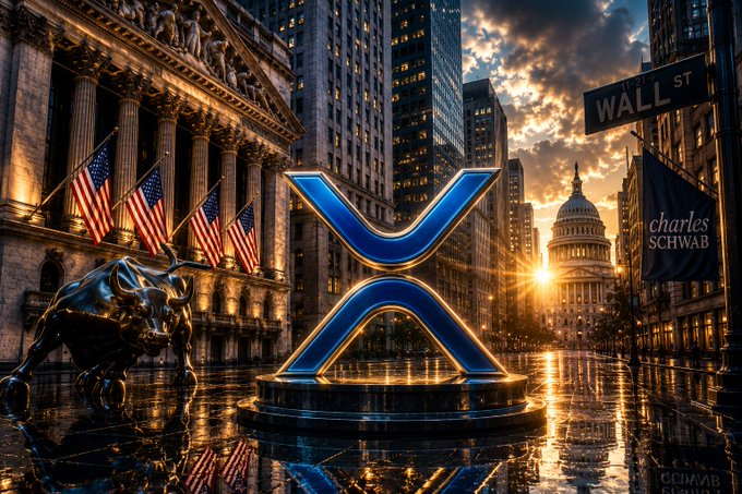 A stylized "X" emblem stands prominently in a Wall Street setting, flanked by the Charging Bull statue, U.S. flags, and a "Wall St" sign, with a Charles Schwab banner visible and the U.S. Capitol in the background. The imagery visually reinforces the post's message linking XRP to the financial establishment's push for regulatory clarity under the CLARITY Act.
