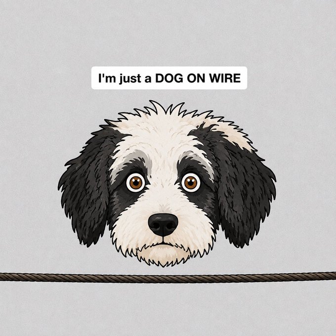 The image shows a cartoon illustration of a fluffy black and white dog sitting atop a wire with a speech bubble reading "I'm just a DOG ON WIRE." This playful visual metaphor aligns with the post's teaser for the upcoming DOWA launch, using the literal pun of a "dog on wire" to represent the project's branding while signaling anticipation for the 9pm UTC+1 announcement.