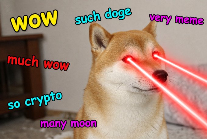 The classic 'Doge' Shiba Inu meme with red laser eyes, featuring colorful text overlays including 'WOW', 'such doge', 'very meme', 'much wow', 'so crypto', and 'many moon'.