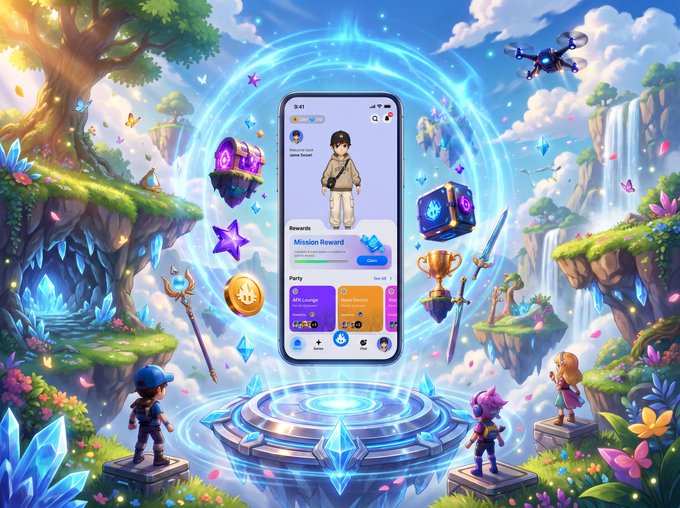 A smartphone displays the "Mission Reward" page of the NAKA gaming app with a "Claim" option, surrounded by an enchanted fantasy landscape featuring crystal-studded floating islands, magical chests, treasure coins, a glowing drone, and anime-style characters, promoting the mobile launch of the NAKA gaming platform.